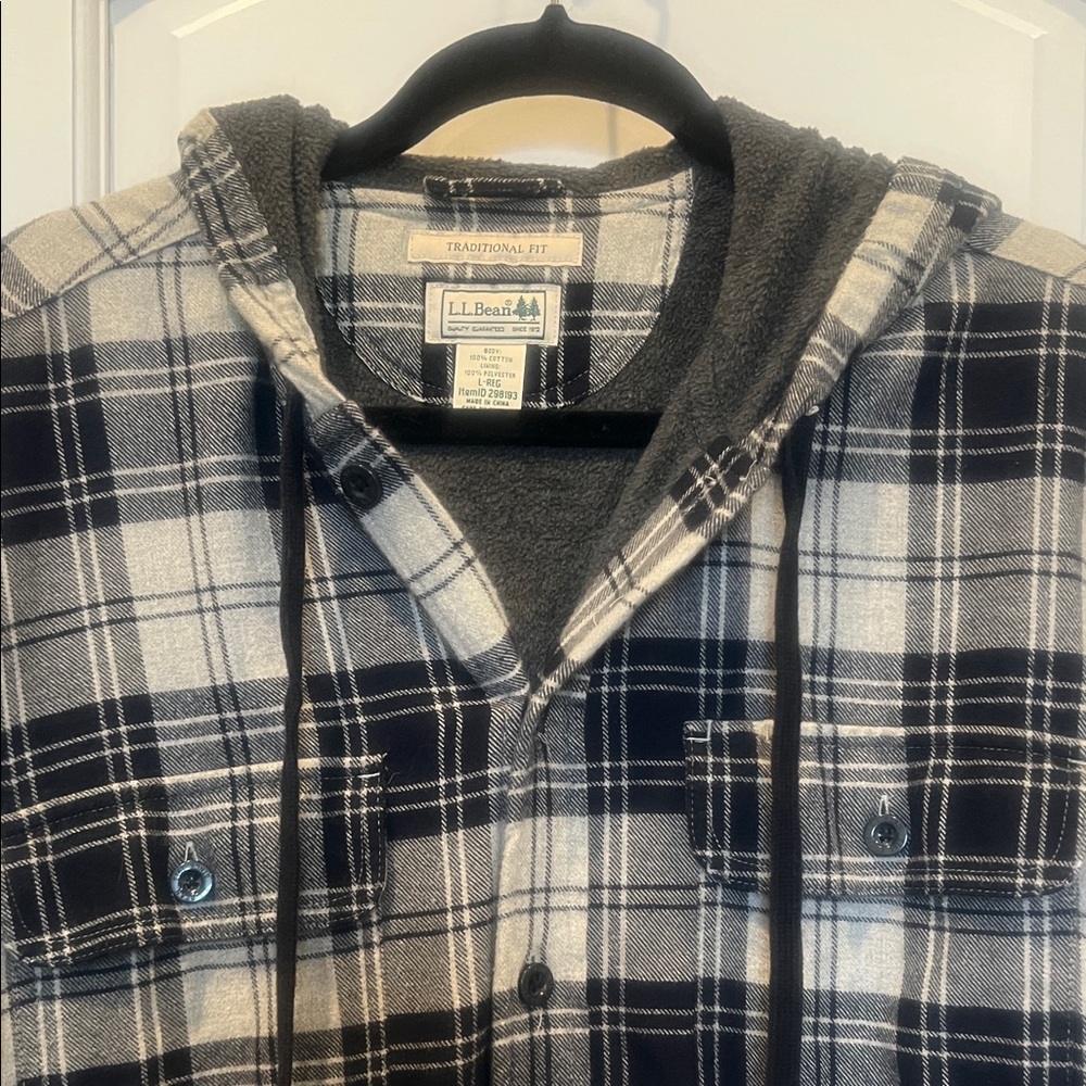 L.L. Bean Black and White Plaid Hooded Shirt